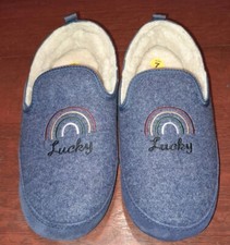 Lucky Brand Kozey Slippers Flats Moccasin Size 7.5 Leather Faux Fur Rainbow Blue