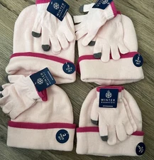 WINTER ESSENTIALS GIRLS ONE SIZE 2 PC SET 1 HAT/BEANIE 1 GLOVES PINK LOT OF 4
