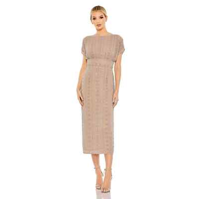 knee length dresses for ladies Beige Beaded Cap Sleeve Empire Waist Sheath Midi Dress