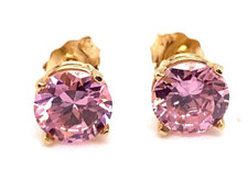 14K Yellow Gold  Pink Cubic Zirconia Pierced Stud Earrings 