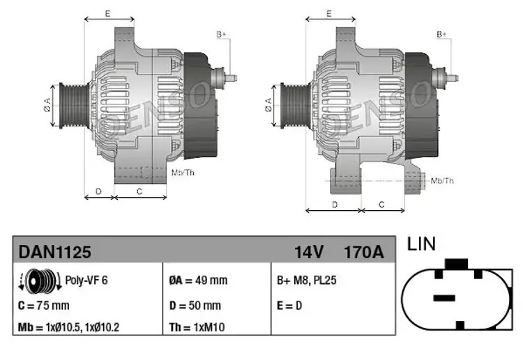 Alternator with freewheel belt pulley DAN1125 DENSO for BMW 1 Sports Hatch 3