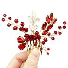 Crystal Bridal Hair Comb Wedding Gold Vine Leaf Rhinestone Red Accessories