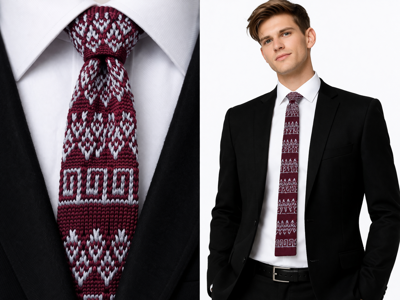 Fair Isle Men's Tie Knitted Burgundy Red Silver Extra Slim 4CM Grey Geometric UK