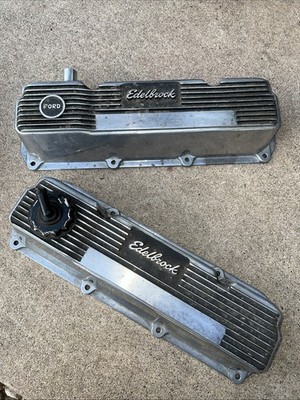 VINTAGE FORD 351C 351 CLEVELAND EDELBROCK cast Finned Aluminum Valve Covers.