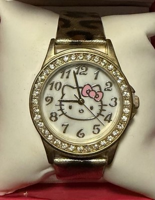 Hello Kitty HK1936D Analog Wristwatch, Leopard Band, Gold Case, Boxed