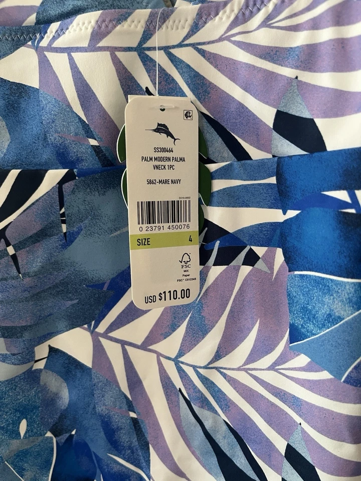NUEVO CON ETIQUETAS Tommy Bahama Palma Moderno Cuello en V Una Pieza Yegua Azul Marino Para Mujer Talla 4 Foto 4 de 4