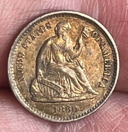 1860-o Seated liberty half dime , AU , nice color and surfaces