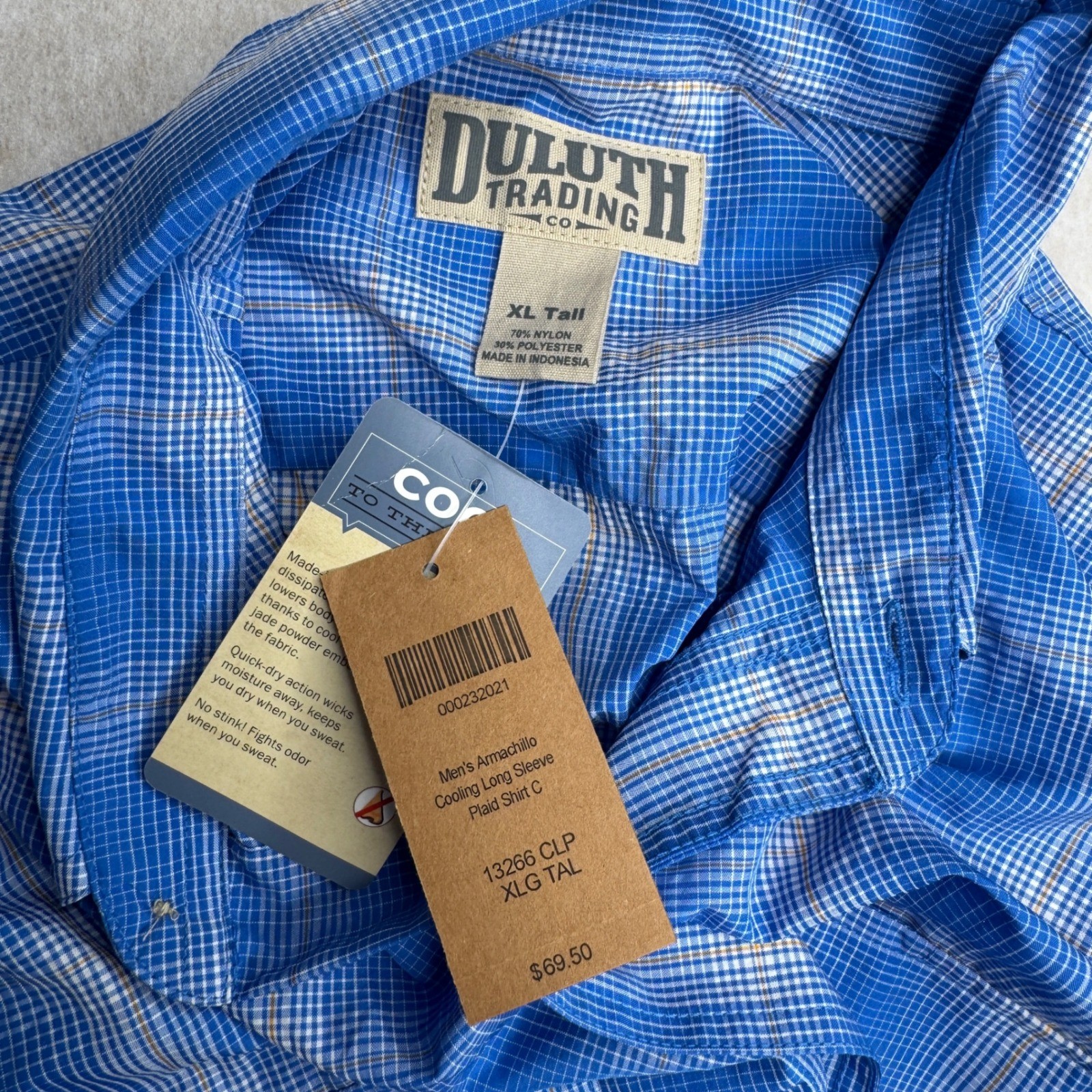 Duluth Trading Co. Mens Armachillo Cooling Long Sleeve Blue Plaid Shirt XL Tall