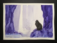 Black Cat Painting, Original Abstract Watercolour with Waterfall, A4 Signed, Art