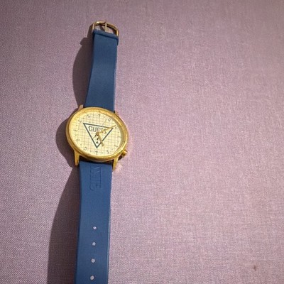 GUESS Triangle Logo Quartz 28mm Gold Stainless Case Blue Silicone Strap