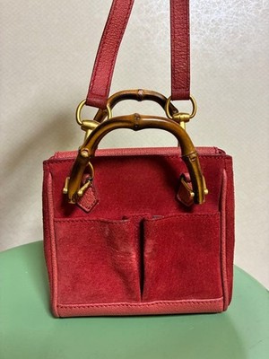 GUCCI Bamboo Mini Crossbody Shoulder Bag Suede Leather Red Vintage From Japan