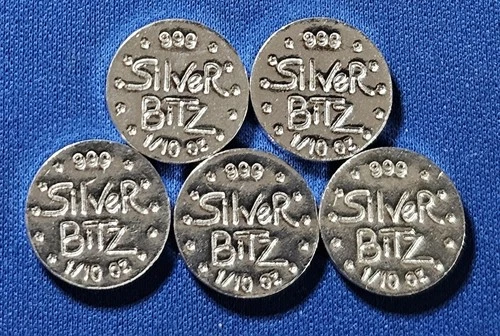 New Listing1/10 Oz Silver Round .999 Fine Silver Bitz Five (5) Pieces, 1/2 Ozt Total Weight