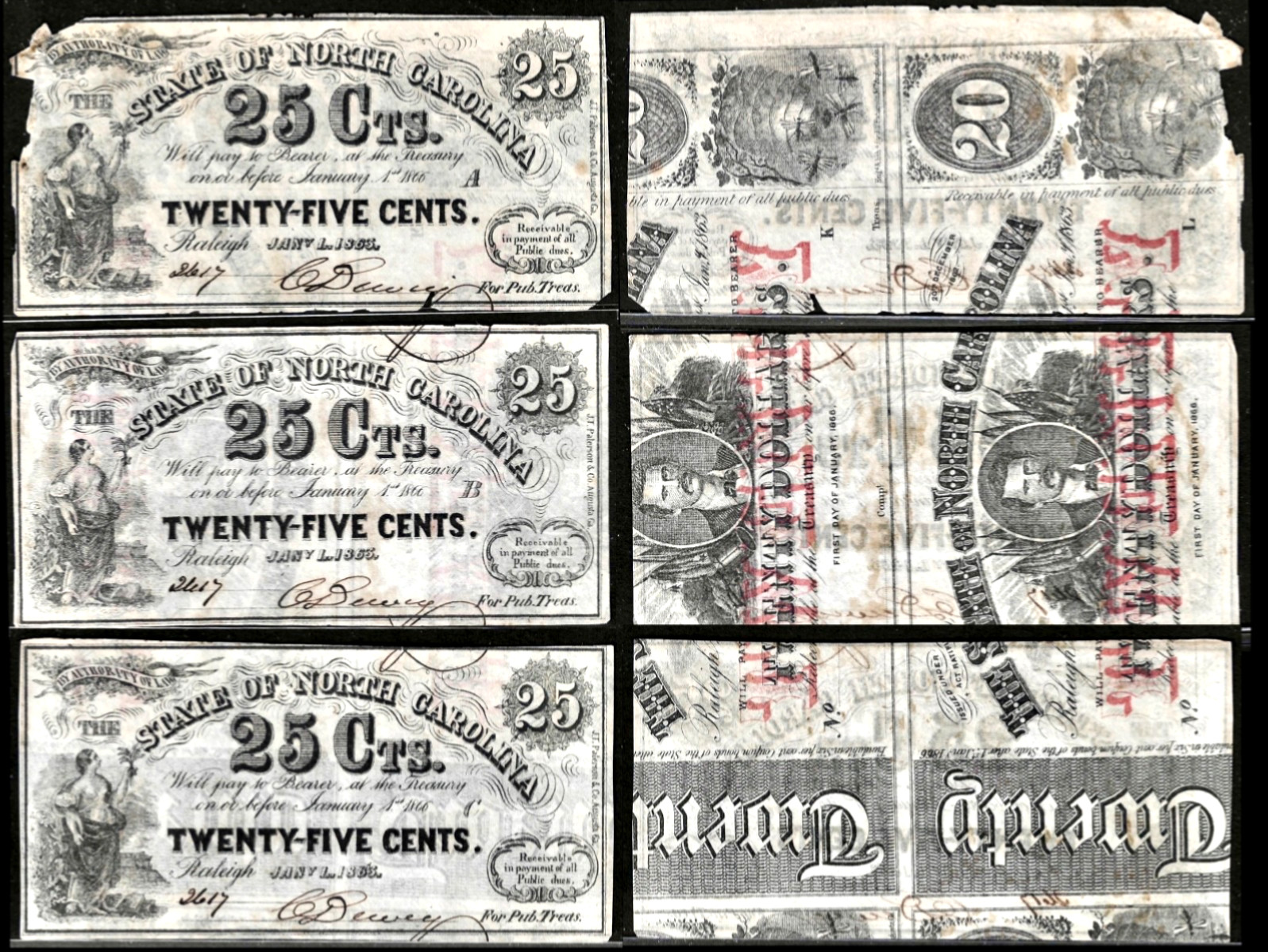 Cut Sheet Of (20) Jan 1, 1863 Raleigh NC State of North Carolina 25¢ S/N 2617