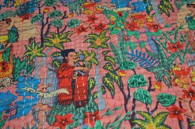 TARRIF FREE 0% CHARGE Barmer Queen Size Hand Print Bedspread Kantha Quilt *