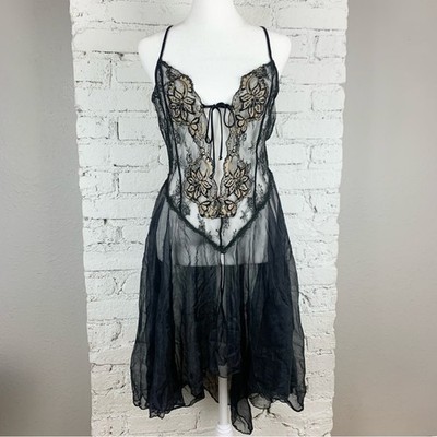Vintage Tres Chic Nylon Deep V Front Tie Cutout Lace Babydoll Chemise Small