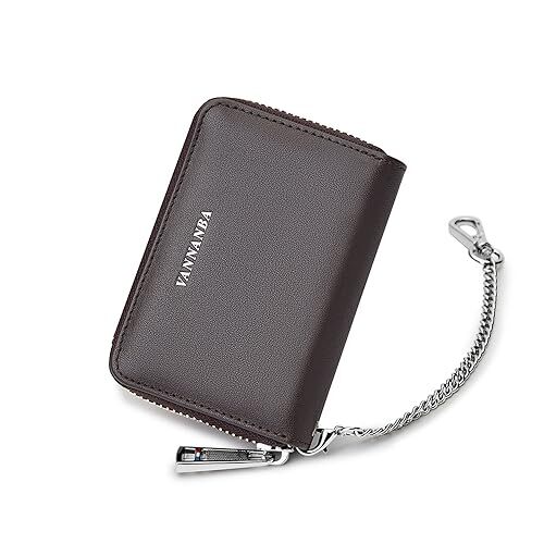 Brown Genuine Leather Chain Wallet with Zipper and Large Capacity Organizer  