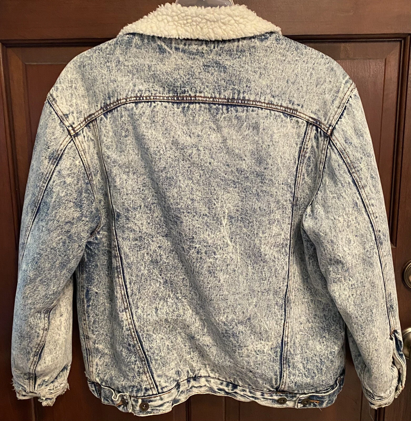 VTG 80's Bon Jour Mens Acid Wash Denim Sherpa Lined Jean Jacket Sz L Frayed image 6