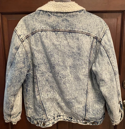 VTG 80's Bon Jour Mens Acid Wash Denim Sherpa Lined Jean Jacket Sz L Frayed image 6