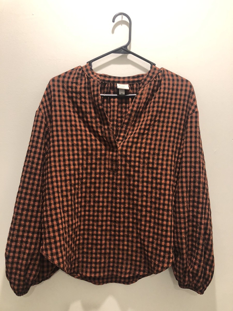 A New Day Ladies Size Extra Small Orange Black Checked Shirt With