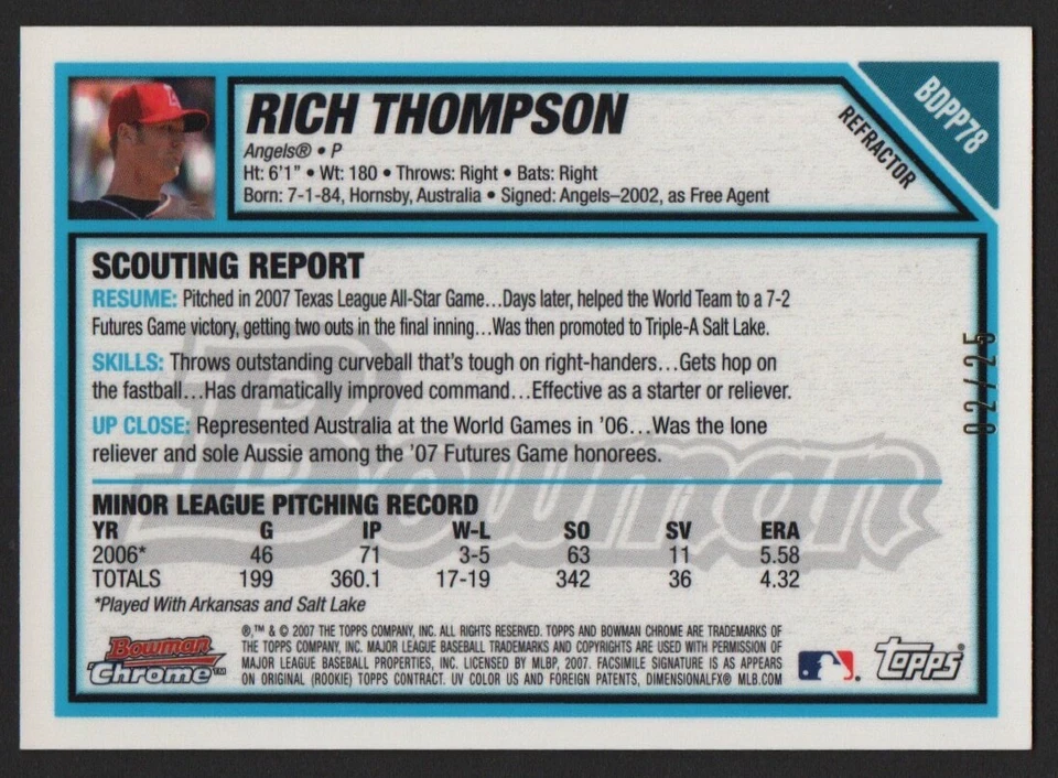 Rich Thompson RC Orange Refractor (02/25) - 2007 Bowman Chrome Draft #BDPP78 - Image 2 of 2