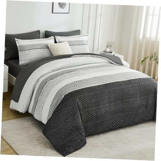 Boho Comforter Set Size 7 Piece Bed in a Bag Black Striped Bedding Queen Grey