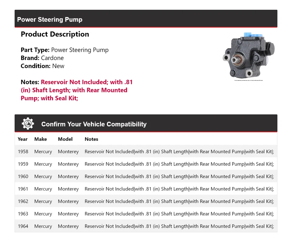 Bomba de direção hidráulica Cardone 1959 1960 1961 1962 Mercury Monterey 1958-1964 - Imagem 2 de 4