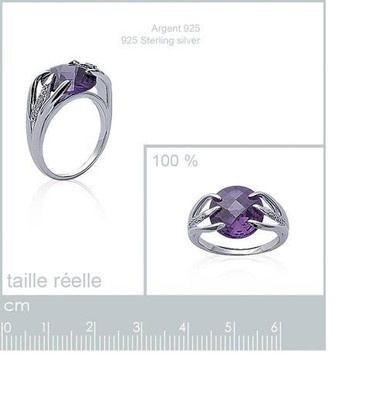 Bague En Argent Massif 925 Rhodié Sertie D'une Améthyste Cz Ronde 13mm - Taille 56 - Neuf Avec étiquettes