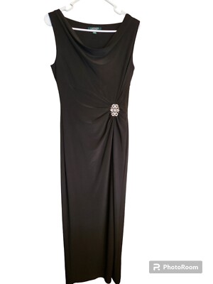 Lauren Ralph Lauren Size 6 Black Gown  Brooch Stretchy Formal Ruched Rhinestone