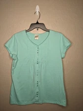 Blair Womens Medium Turquoise Pintuck Button Fron Short Sleeve Shirt