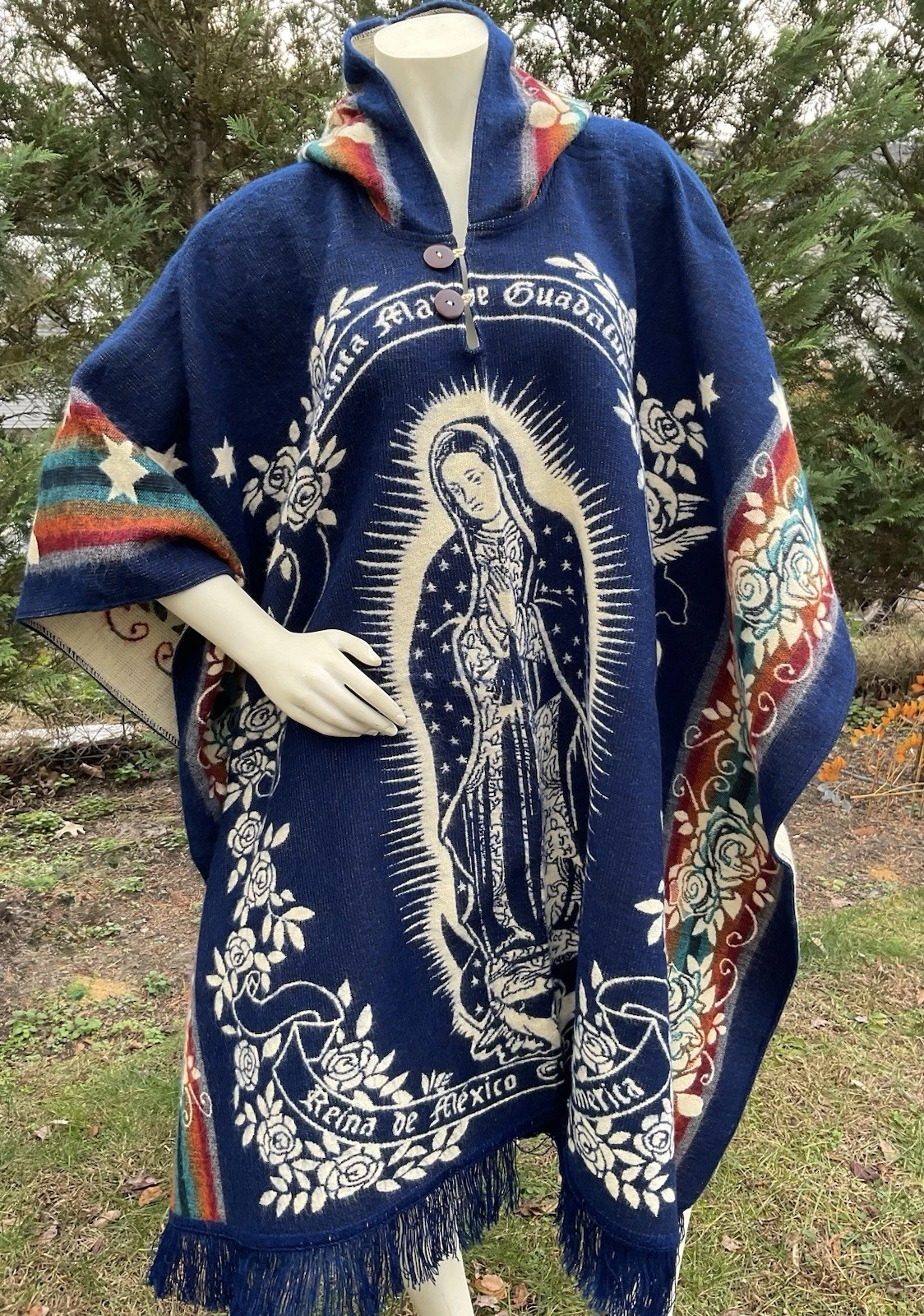 Handmade ALPACA Poncho, Virgen Maria, Guadalupe, Blue, Warm And Easy To Wear
