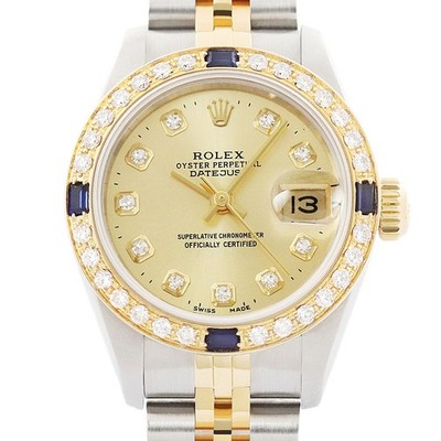 Rolex Datejust 18K Gold & SS 2Tone Diamond Sapphire Champagne Watch 69173
