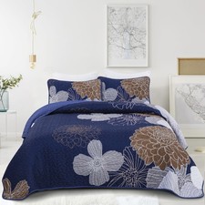 Floral Bedspread Quilt Set Queen 3 Pieces-Navy Blue Bohemian Floral Quilt Cov...