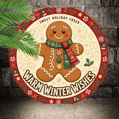 Gingerbread Wreath Merry Christmas Round Tin Metal Sign Decor