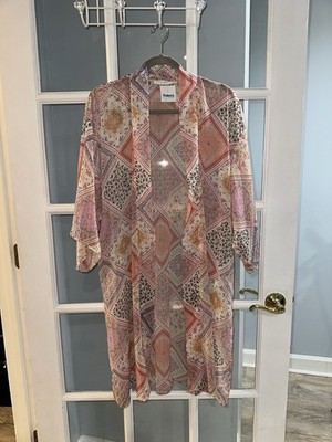 Lush Women's Open Front Boho Floral Tile Print Wrap Kimono Size S Multi