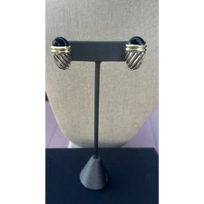 DAVID YURMAN Sterling Silver 14K. Yellow Gold Onyx Shrimp Cable Earrings 