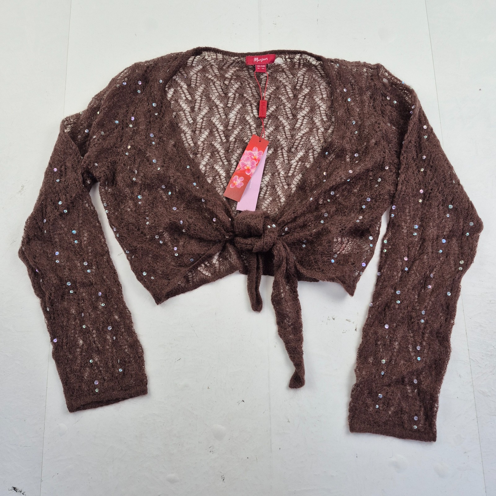 Cárdigan Monzón 16 Marrón Mujer Tejido Corbata Cuello en V Lentejuelas Lana M...