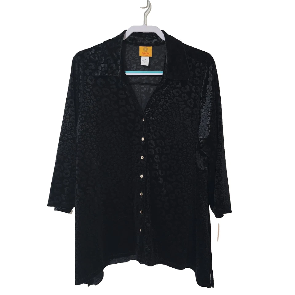 Blusa guepardo terciopelo negro manga 3/4 talla 1X Ruby Rd Burnout para mujer nueva con etiquetas