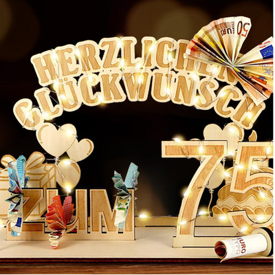 LED Lichterkette 3m Holz Geldgeschenk 75 Geburtstag Geschenk