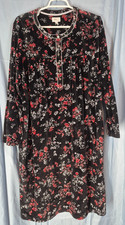 Aria Black Floral Round Neck Henley LS Velour Sleep Gown Dress Size XL