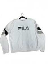 FILA White Crewneck Sweatshirt with Black and Grey Sleeve Stripes, Size Large