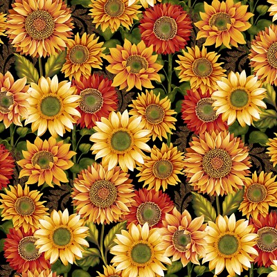Feline Drive Fabric AUTUMN FLOURISH Sunflowers Black Fall Sold by the Yard