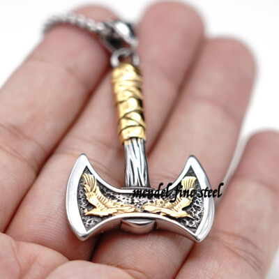 【両剣水晶on グインデル】 Gwindel フランス産 77×50×32mm MENDEL Mens Gold Plated Nordic Viking Raven Axe Pendant Necklace