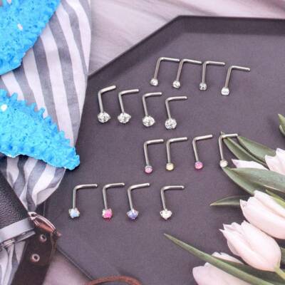 16-48pcs CZ/Opal Nose Rings Bone L Screw Studs Kit Surgical Steel
