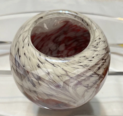 Art Glass Swirl Spatter Bowl Vase Sphere Murano Style White Red Vintage 5"