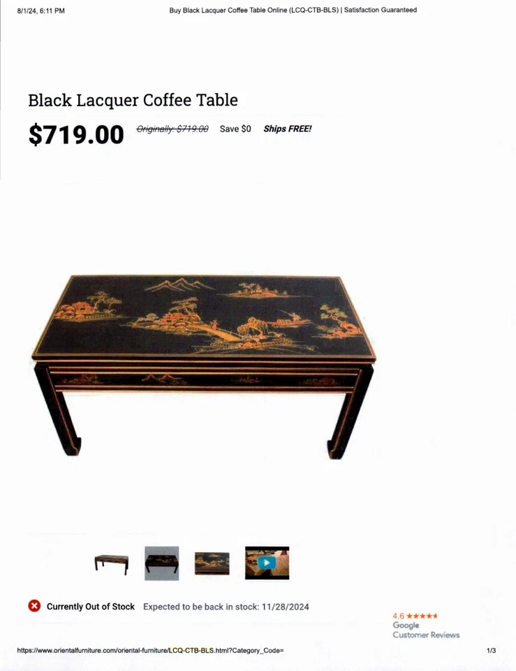 Nueva Mesa de Centro $719 Oriental Furniture Chinoiserie Laca Negra Dorada con Vidrio Foto 2 de 4
