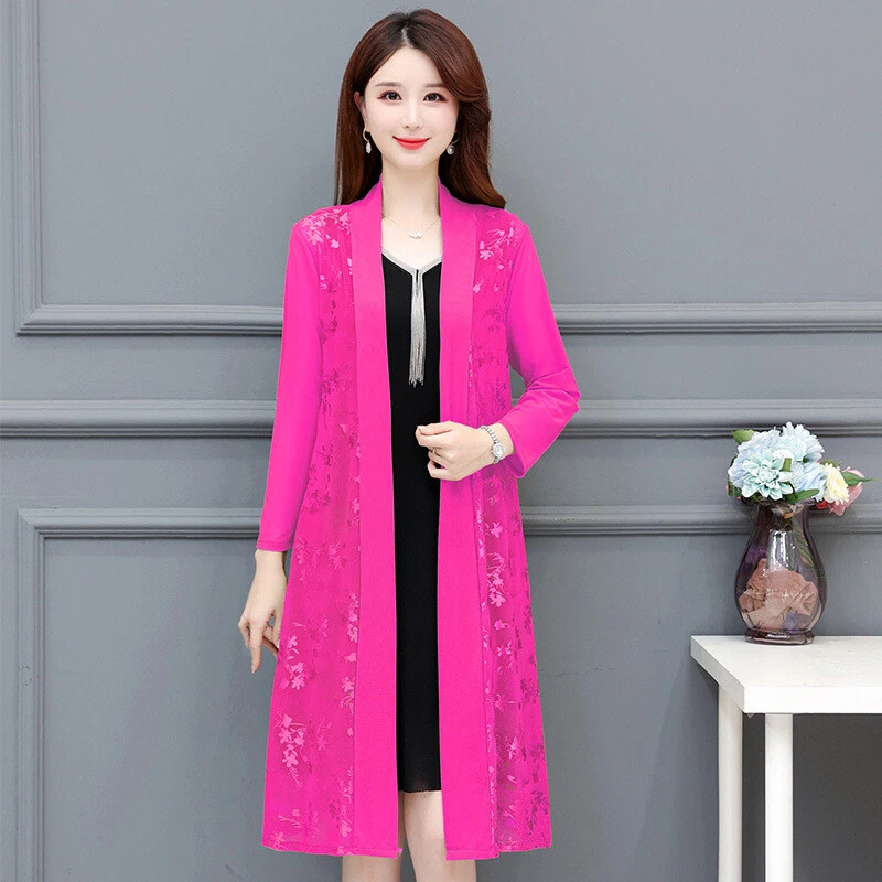 Women Mid length Floral Mesh Cardigan Coat Open Front Beach Cover