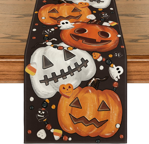 Halloween Table Runner - Jack-O'-Lantern Pumpkins Spooky Black Design 13x90 Inch