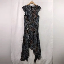 Belle & Sky Floral Ruffle Sleeve Handkerchief Hem Dress Women's L Black Retro