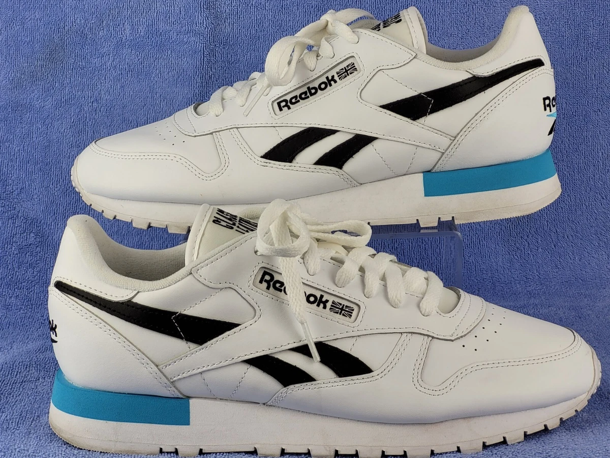Mens Reebok Classic Leather Shoes Sneakers White Black Aqua Blue IE9383 Size 9