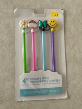 4-Count Reusable Straws With Removable Toppers - Happy Theme - NEW